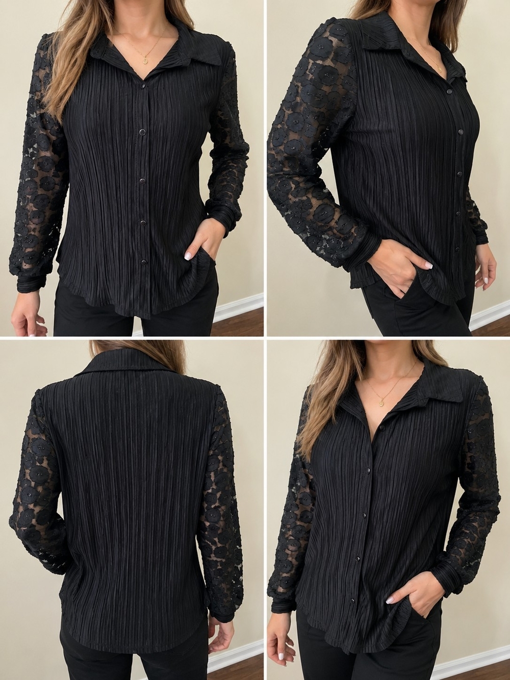 Rio & Rian Black Pleated Blouse M Sheer Floral Sequin Sleeve Button Up